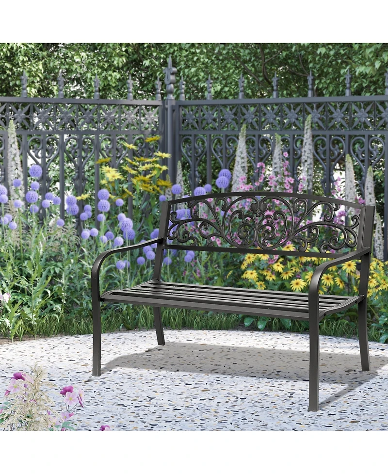 Clihome 50" Outdoor Bench, Metal Garden Bench with Floral Pattern Backrest, Porch Bench