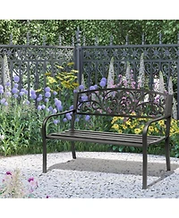 Clihome 50" Outdoor Bench, Metal Garden Bench with Floral Pattern Backrest, Porch Bench