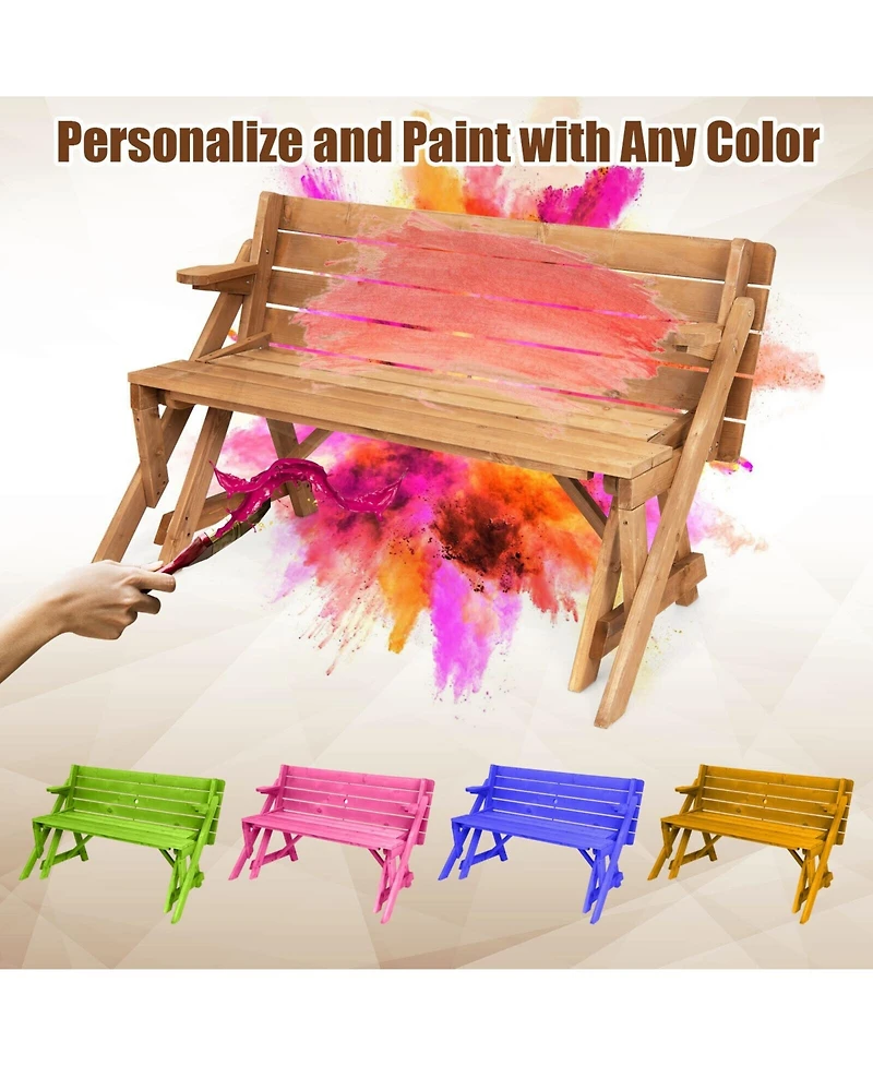 Sugift 2 in 1 Transforming Wooden Picnic Table Bench with Umbrella Hole