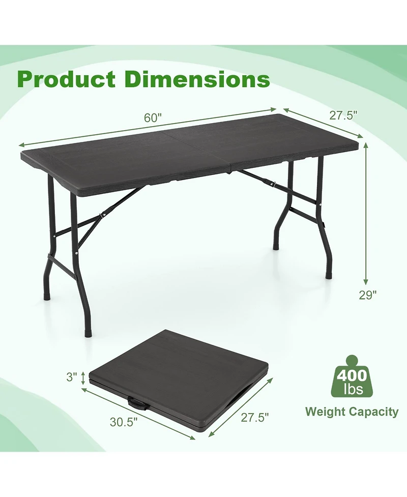 Sugift 5 ft Folding Picnic Table with Wood Grain Hdpe Top and Non Slip Pads