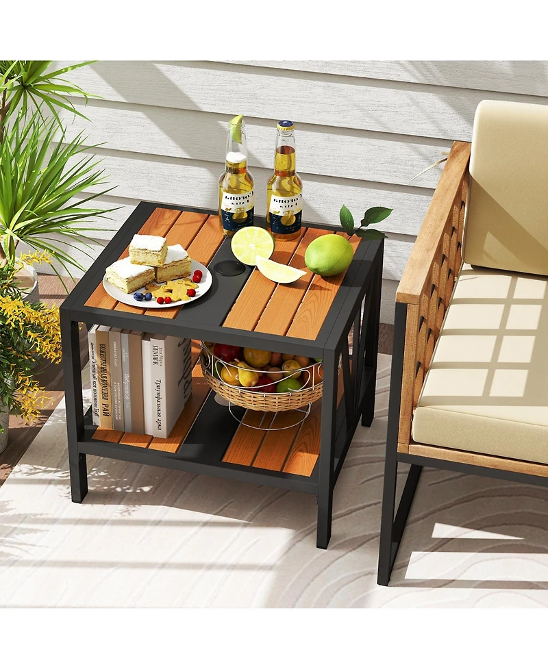 Sugift Outdoor Side Table with Umbrella Hole and Storage Shelf