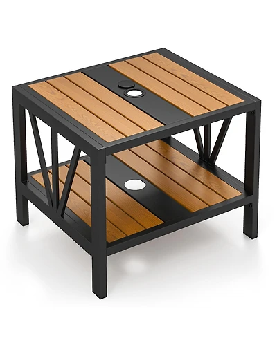 Sugift Outdoor Side Table with Umbrella Hole and Storage Shelf