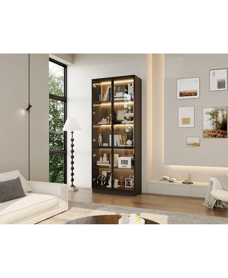 Famapy Display Cabinet with 4 Glass Doors and Lights, 5-Tier Storage Shelves, Bookcases and Shelves