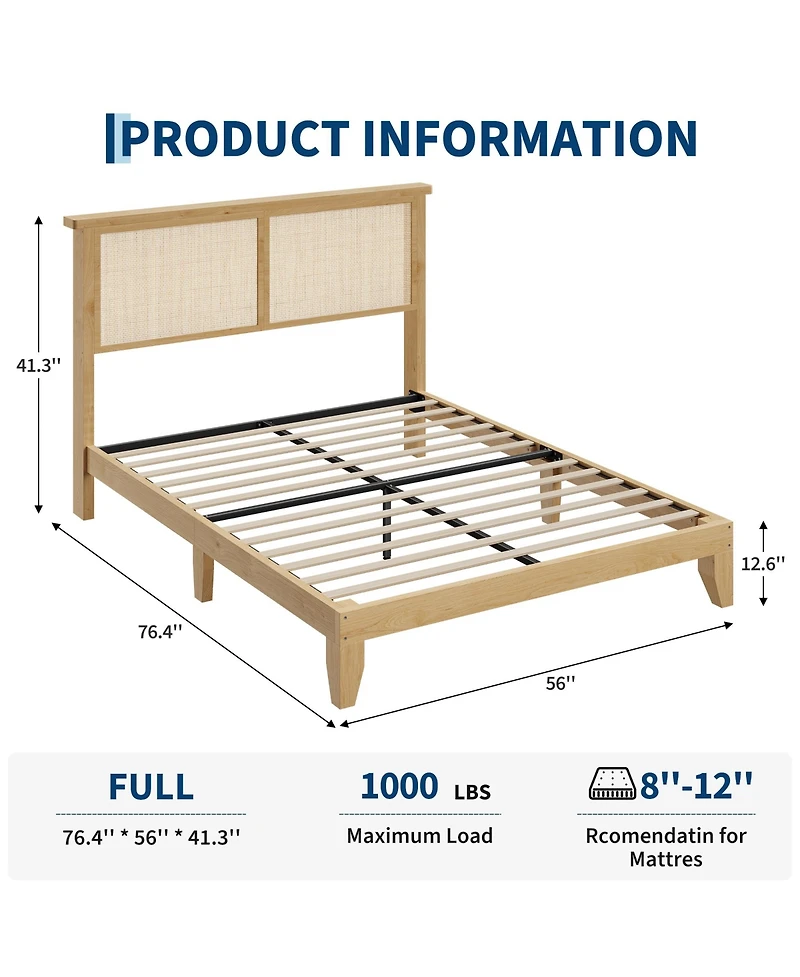 Homfan Bed Frame with Rattan Headboard, Platform Bed Frame with Led Lights