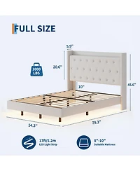 Homfan Bed Frame with Led Lights, Upholstered Headboard, Storage Shelves