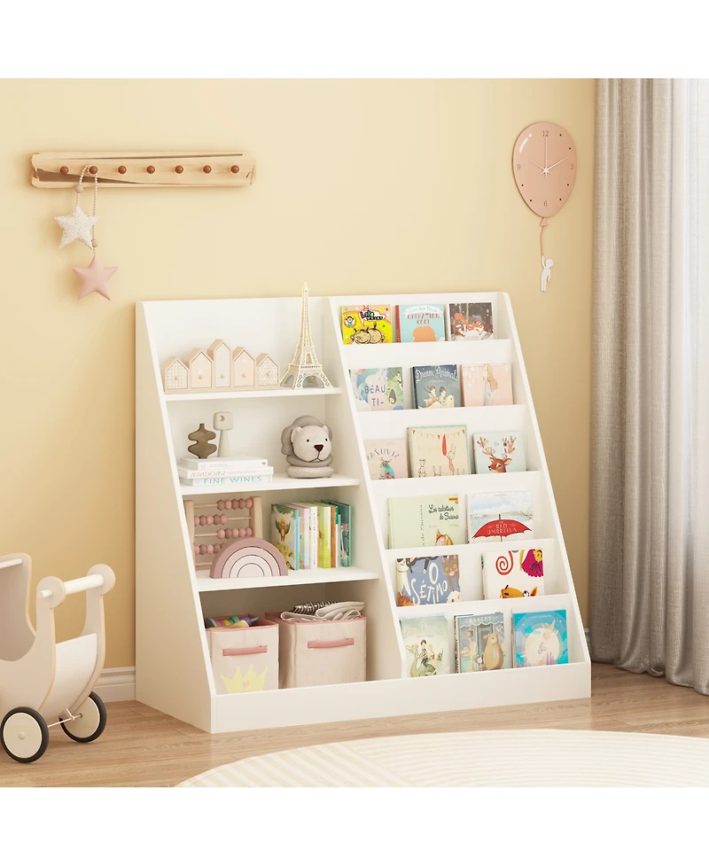 Rainsken Kids Bookshelf and Toy Storage Organizer - 4 Tier Wooden Bookcase Display Stand for Nursery, Playroom and Classroom