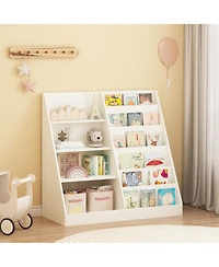 Rainsken Kids Bookshelf and Toy Storage Organizer - 4 Tier Wooden Bookcase Display Stand for Nursery, Playroom and Classroom