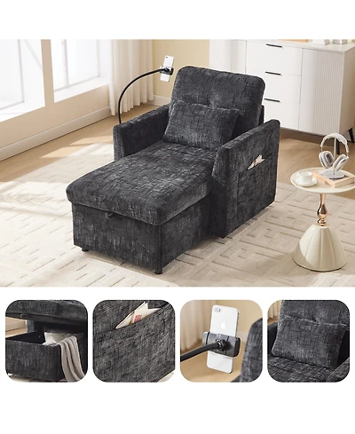 Rainsken Stylish Chenille Single Recliner Lounge Chair with Storage, Phone Holder and Side Pockets, Ideal Leisure Sofa for Bedroom and Living Room
