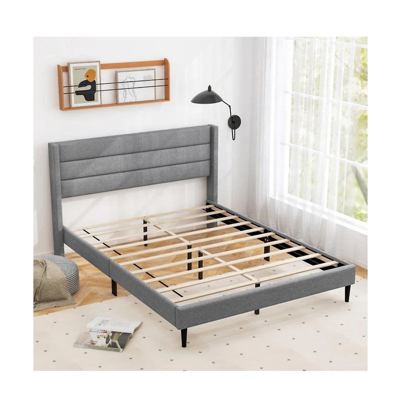 Gouun Linen Upholstered Platform Queen Bed Frame with Wingback Headboard