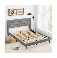 Gouun Linen Upholstered Platform Queen Bed Frame with Wingback Headboard