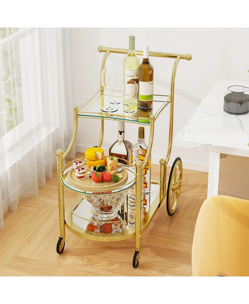 Sugift Three Tier Rolling Bar Serving Cart with Mirrored Shelves