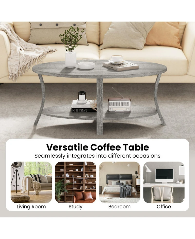 Gouun 44 in Oval 2-Tier Rubber Wood Coffee Table with Open Storage Shelf