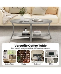 Gouun 44 in Oval 2-Tier Rubber Wood Coffee Table with Open Storage Shelf