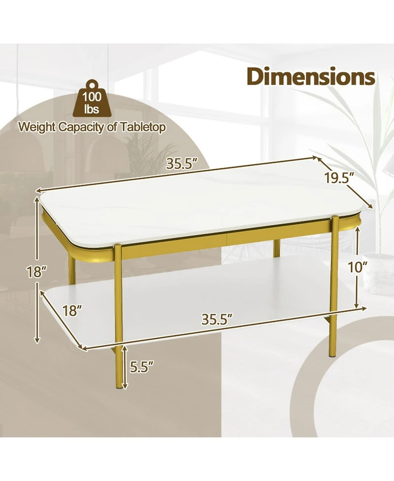 Gouun 35.5 in Modern Sintered Stone 2-Tier Coffee Table with Gold Metal Frame