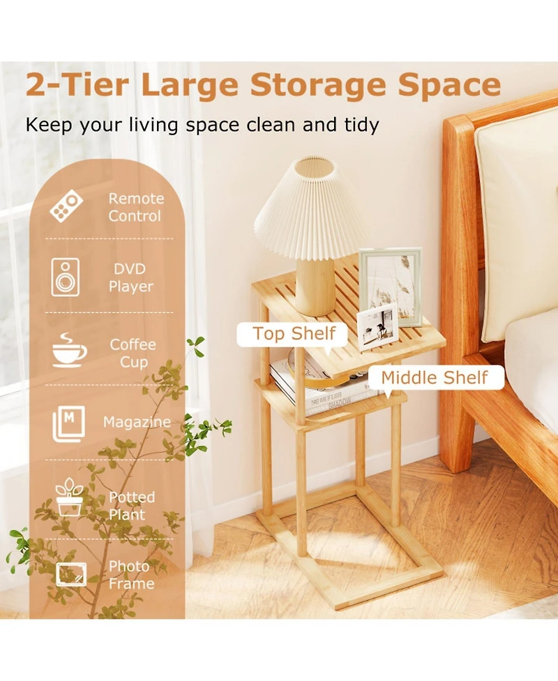 Gouun Set of 2 Bamboo Side Tables with 2-Tier Storage Shelves