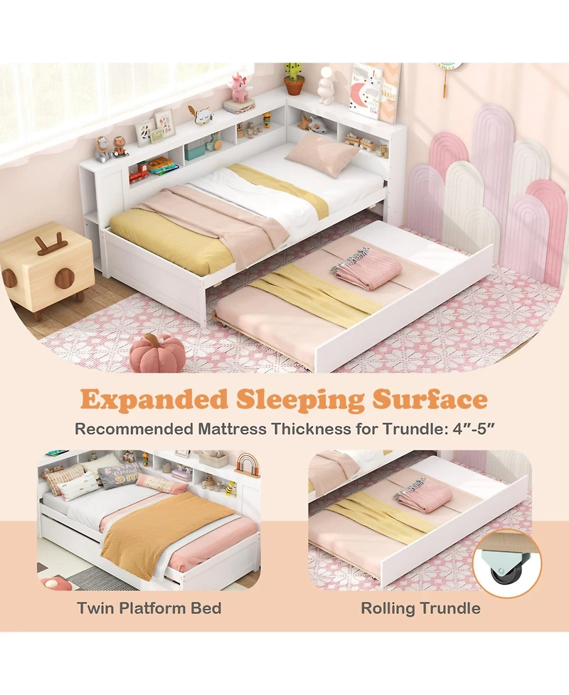 Gouun Twin Size Daybed Platform Bed Frame with Trundle and Bedside Shelves