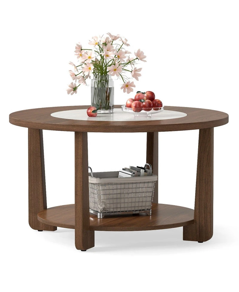 Gouun 31.5 in Farmhouse Round Coffee Table with 2-Tone Top and Storage Shelf