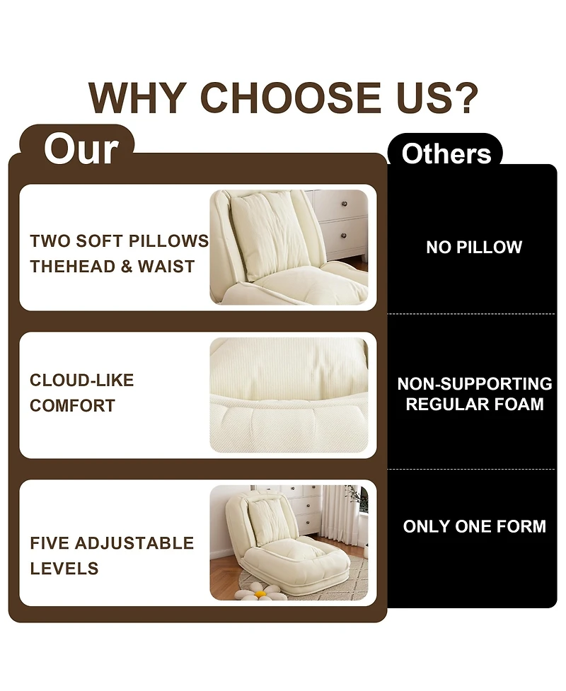 Rainsken Corduroy Upholstered Folding Lazy Sleeper Sofa, 5-Level Adjustable Reclining Lounge Chair, Soft Accent Chair for Bedroom, Living Room