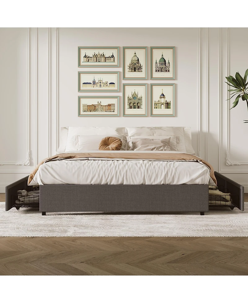 Homfan Space-Saving Platform Bed Frame with 4 Storage Drawers - Linen Upholstered