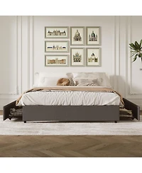 Homfan Space-Saving Platform Bed Frame with 4 Storage Drawers - Linen Upholstered