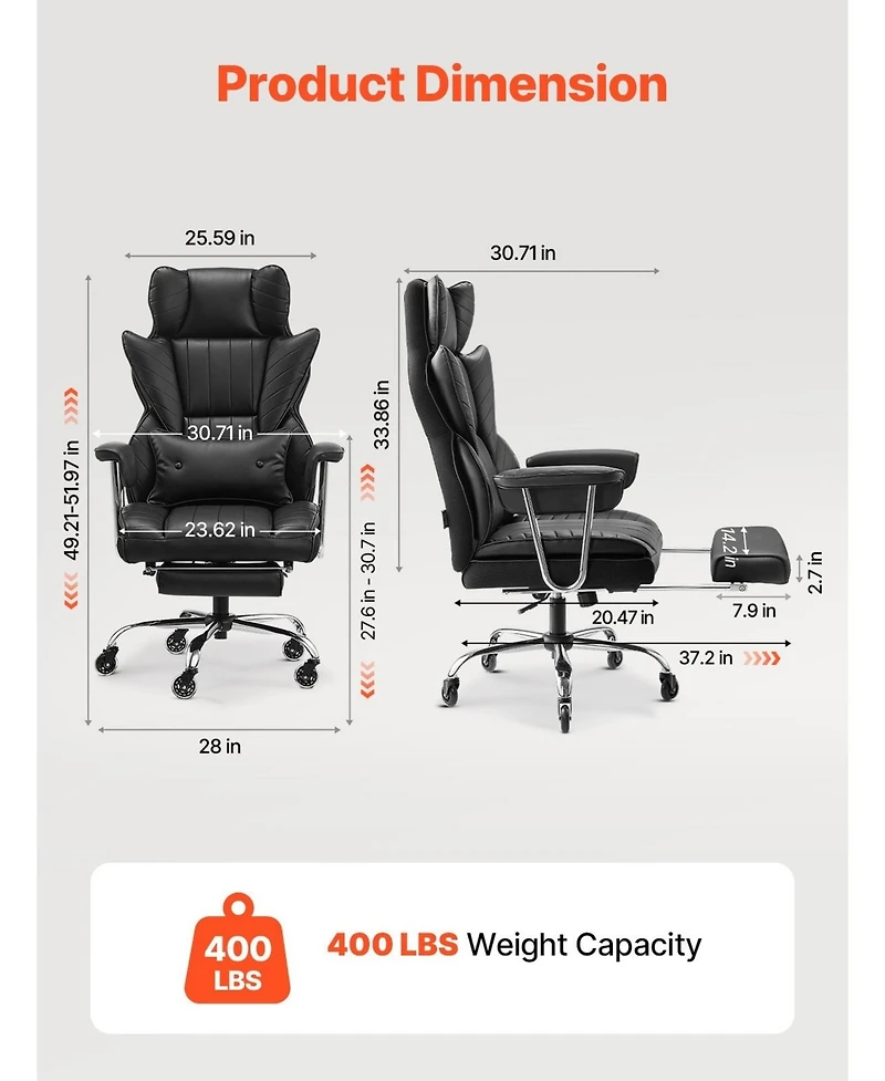 Sugift Executive Office Chair, 400lb Capacity, Ergonomic Reclining Chair with Footrest