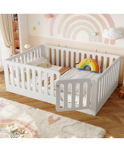 Rainsken Low-Profile Full Size Floor Bed for Kids, Solid Wood Bed Frame with High Protective Fence and Door for Boys Girls, No Box Spring Required