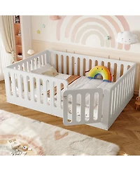 Rainsken Low-Profile Full Size Floor Bed for Kids, Solid Wood Bed Frame with High Protective Fence and Door for Boys Girls, No Box Spring Required