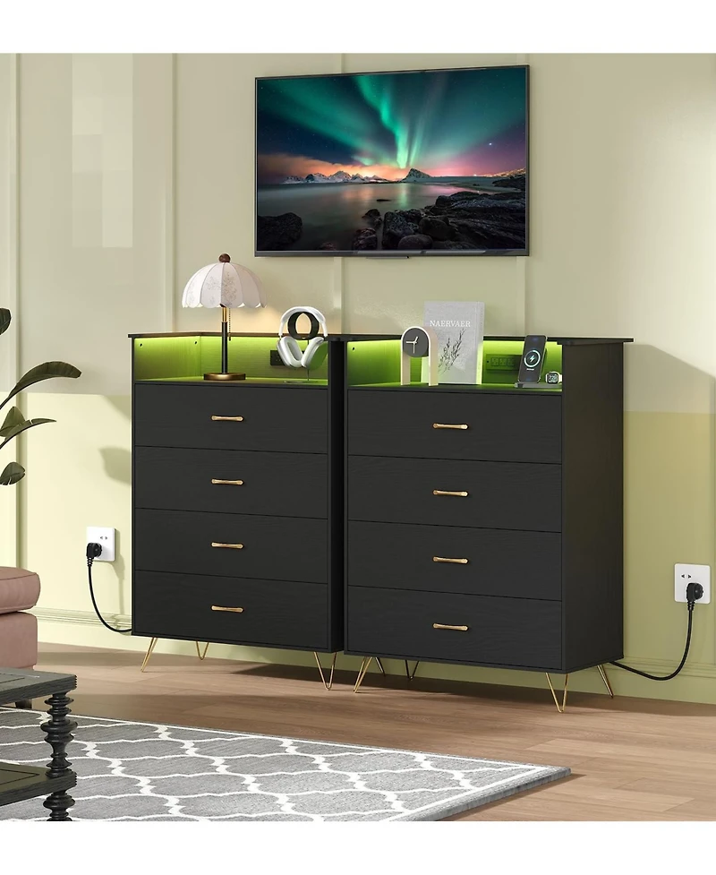 gaomon Tall Dressers for Bedroom with Led Lighting and Charging Station and 4 Drawer
