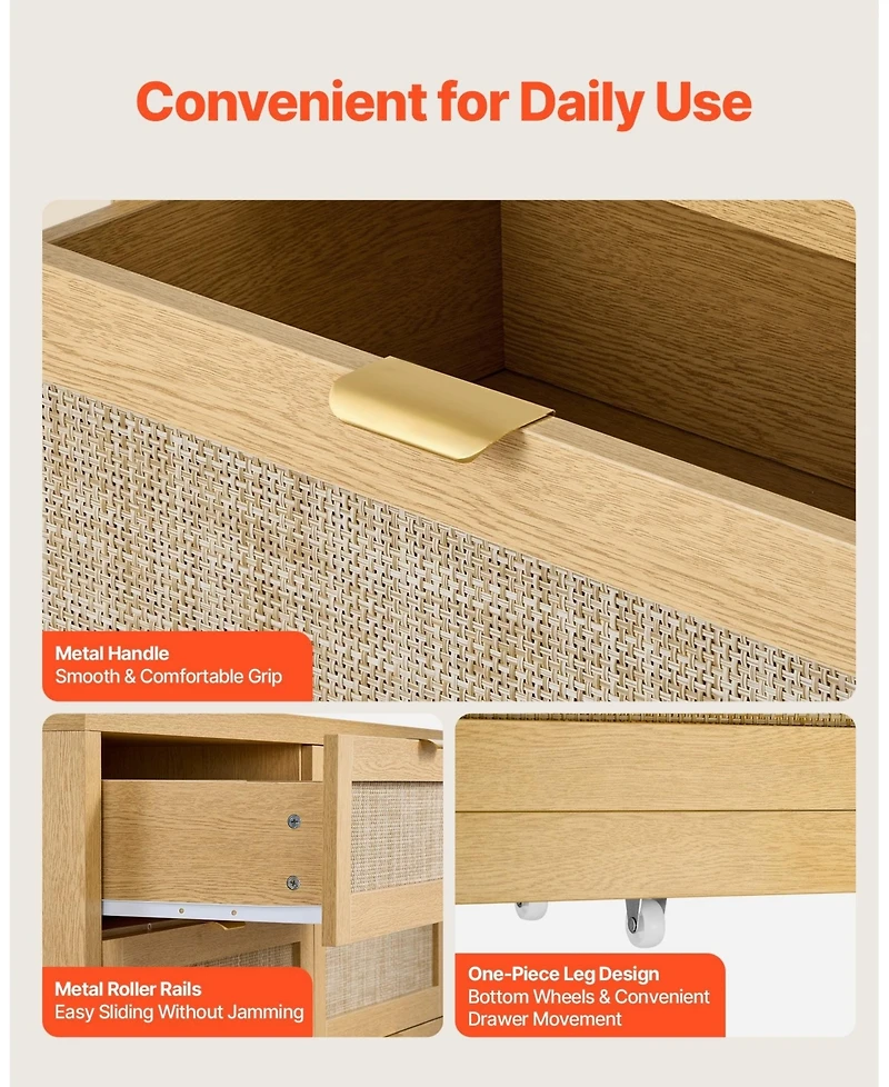 Sugift 6 Drawer Rattan Dresser, Natural Rattan Chest with Metal Handle for Bedroom