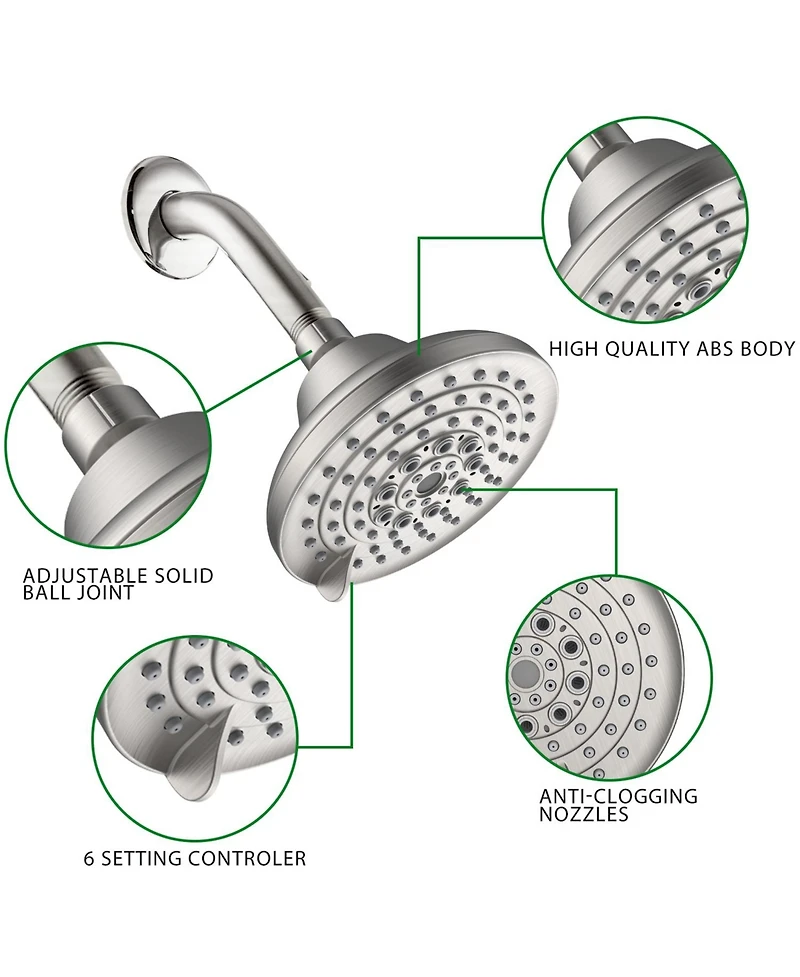 Busdays 5 Inch Brushed Nickel High Pressure Fixed Shower Head 6 Spray Settings Rain Showerhead with Anti Clogging Nozzles Low Flow Easy Install