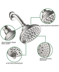 Busdays 5 Inch Brushed Nickel High Pressure Fixed Shower Head 6 Spray Settings Rain Showerhead with Anti Clogging Nozzles Low Flow Easy Install