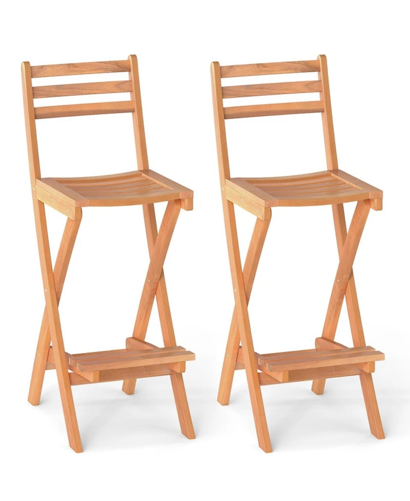 Gouun Folding Acacia Wood Bar Height Chair Set of 2 with Backrest and Footrest