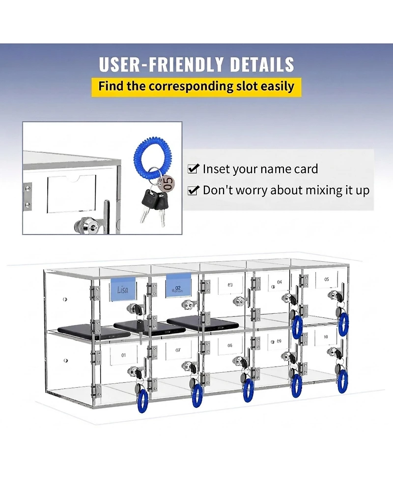 Sugift Cell Phone Storage Locker, 10 Slots, Acrylic Wall-Mounted Cabinet with Locks