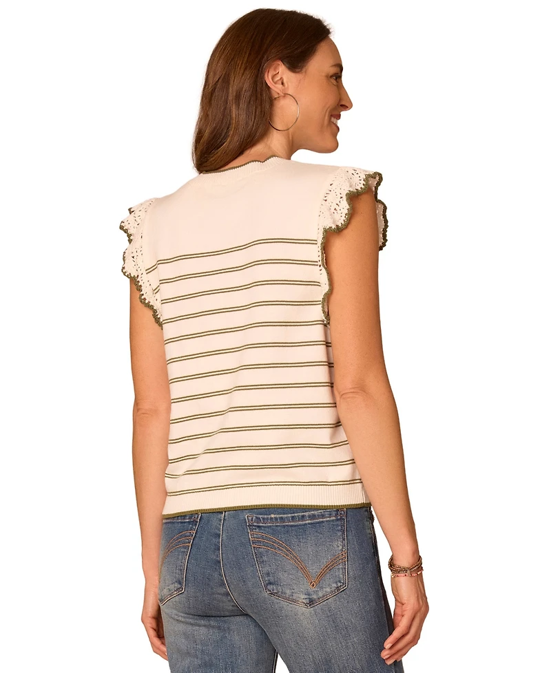 Democracy Petite Crochet-Sleeve Striped Round Neck Sweater Tank
