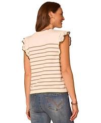 Democracy Petite Crochet-Sleeve Striped Round Neck Sweater Tank