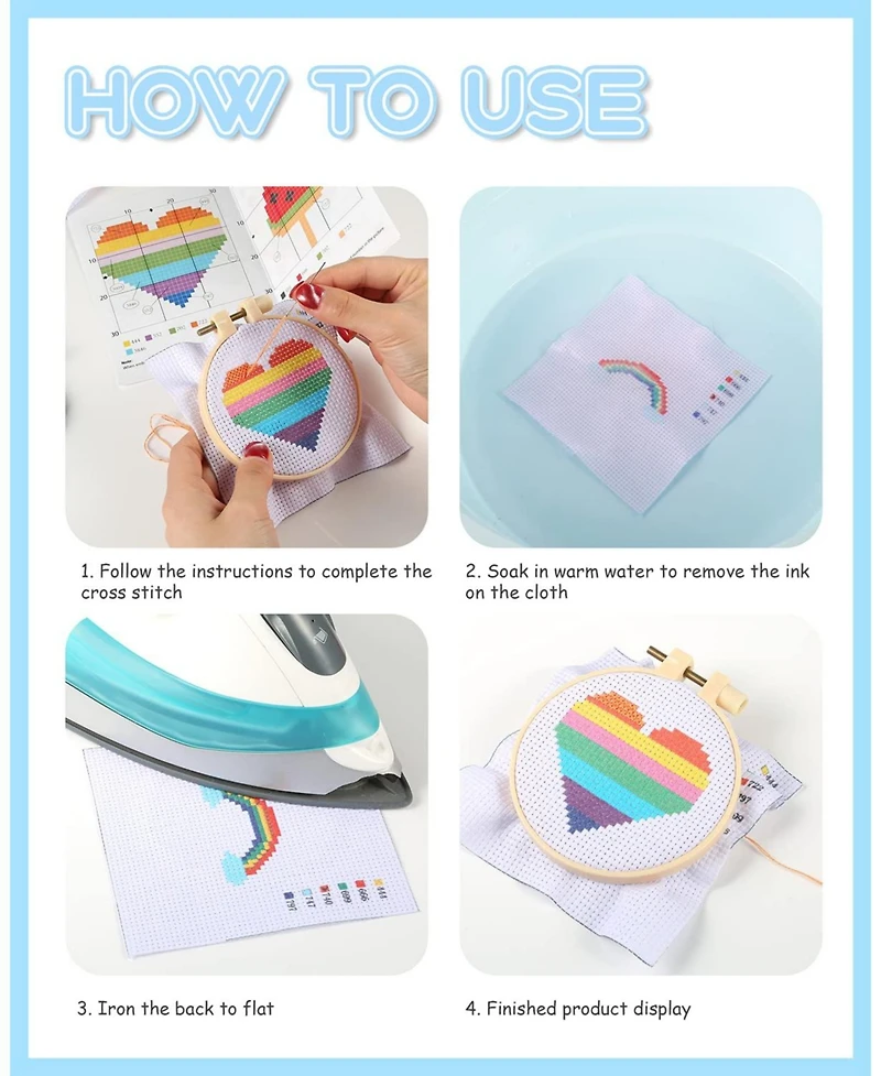 Gnuadz Cross Stitch Beginner Kit Kids 7-13 6 Project Patterns 2 Hoops 12 Skeins Starter Sewing Set Christmas Gift