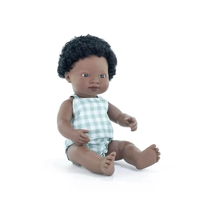 Miniland Baby Doll African Boy 15 inches in Box. Made in Spain with Vanilla Scent. Anatomically Correct. My Friends and Me Collection