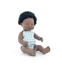 Miniland Baby Doll African Boy 15 inches in Box. Made in Spain with Vanilla Scent. Anatomically Correct. My Friends and Me Collection