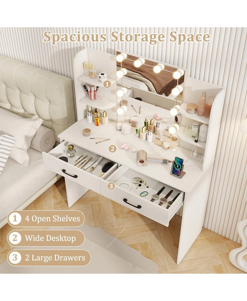 Sugift Vanity Set with Lighted Mirror Stool and Power Outlet