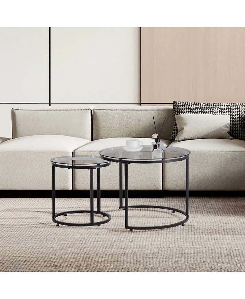 Sugift Nesting Coffee Table Set of 2, 23.6" Round Glass Tables for Small Spaces