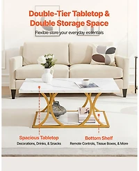 Sugift Coffee Table, Modern Faux Marble, Large 2-Tier Rectangle Desk with Metal Frame