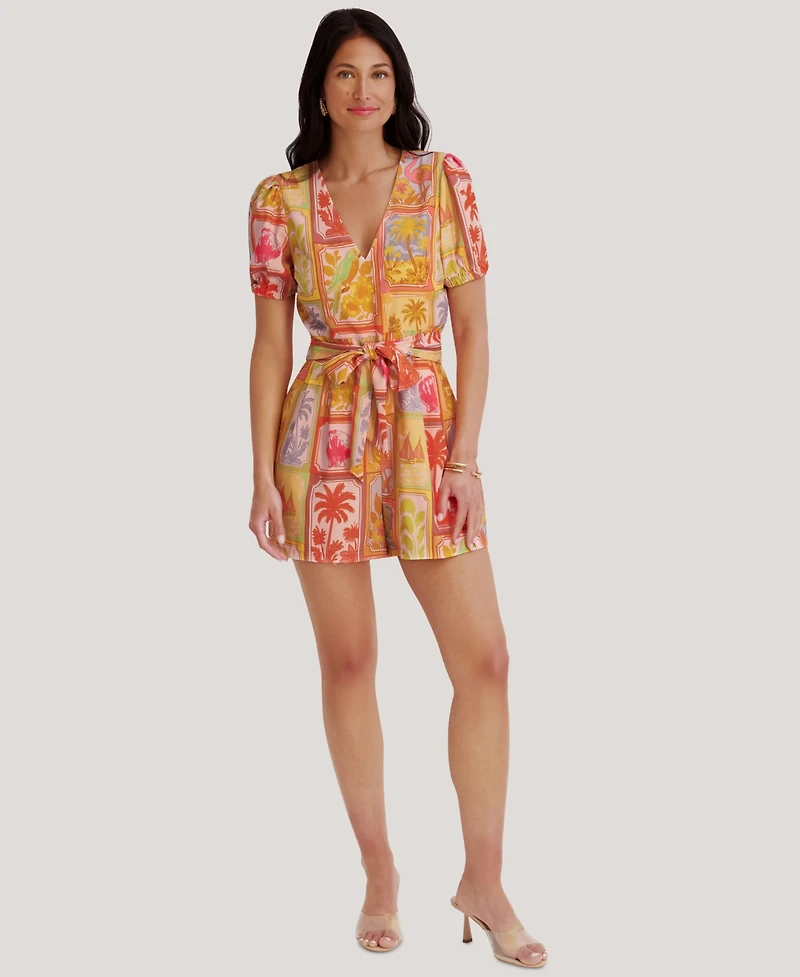 Kensie Women's Short-Sleeve V-Neck Printed Romper