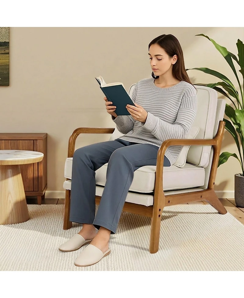 Sugift Accent Chair, Mid Century Modern Armchair, Solid Wood Frame, Linen Fabric