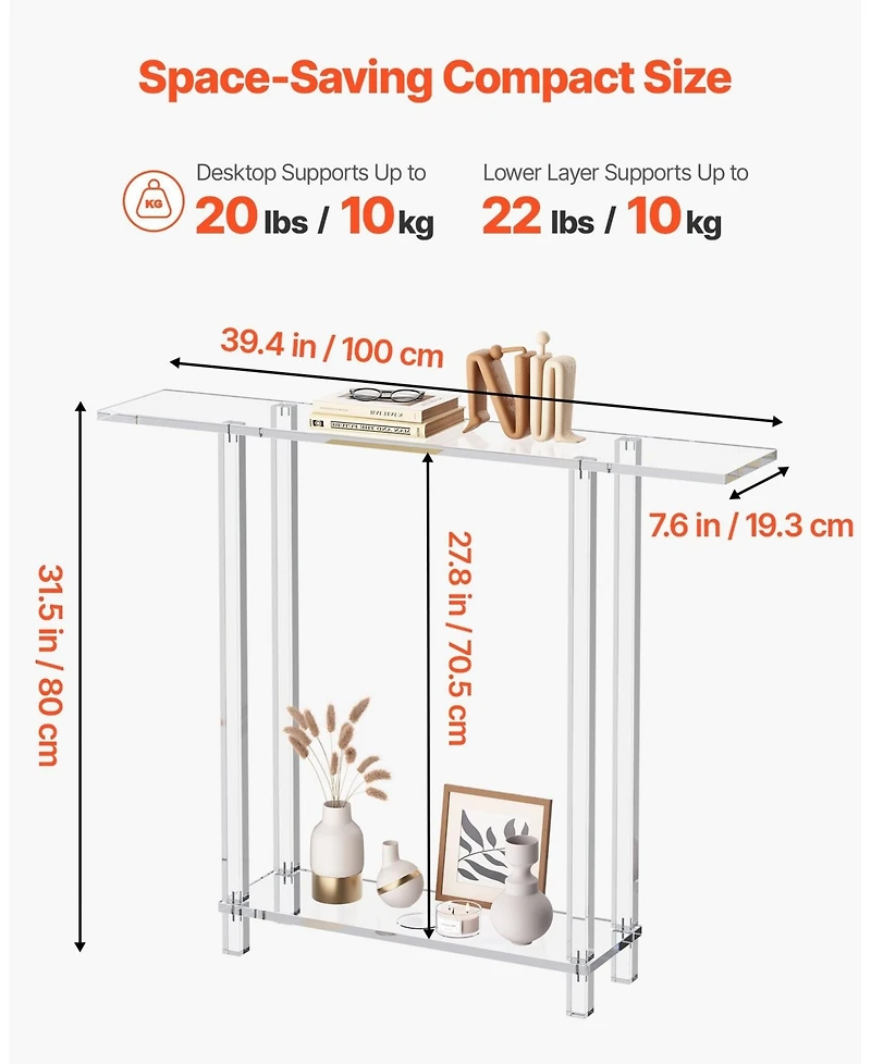Sugift Acrylic Console Table, 2-Tiers Narrow Side Desk with Storage for Living Room