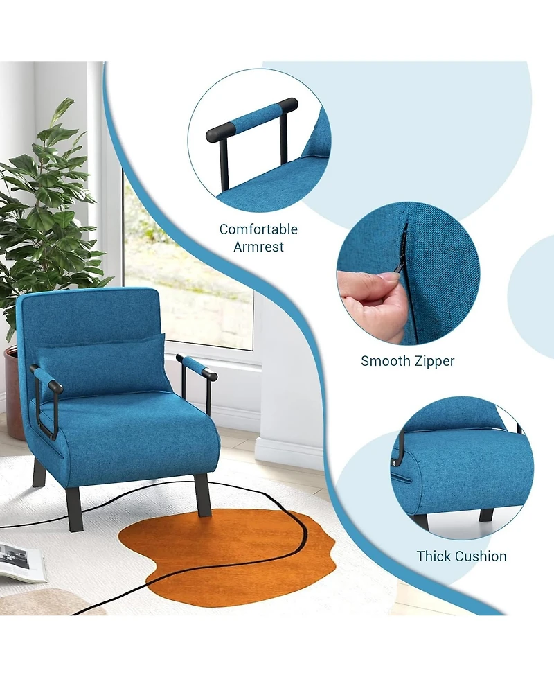 Rainsken Convertible Sleeper Chair Bed, 5 in 1 Folding Sofa Bed Chair with 5-Position Adjustable Backrest and Pillow for Home Office, Small Spaces