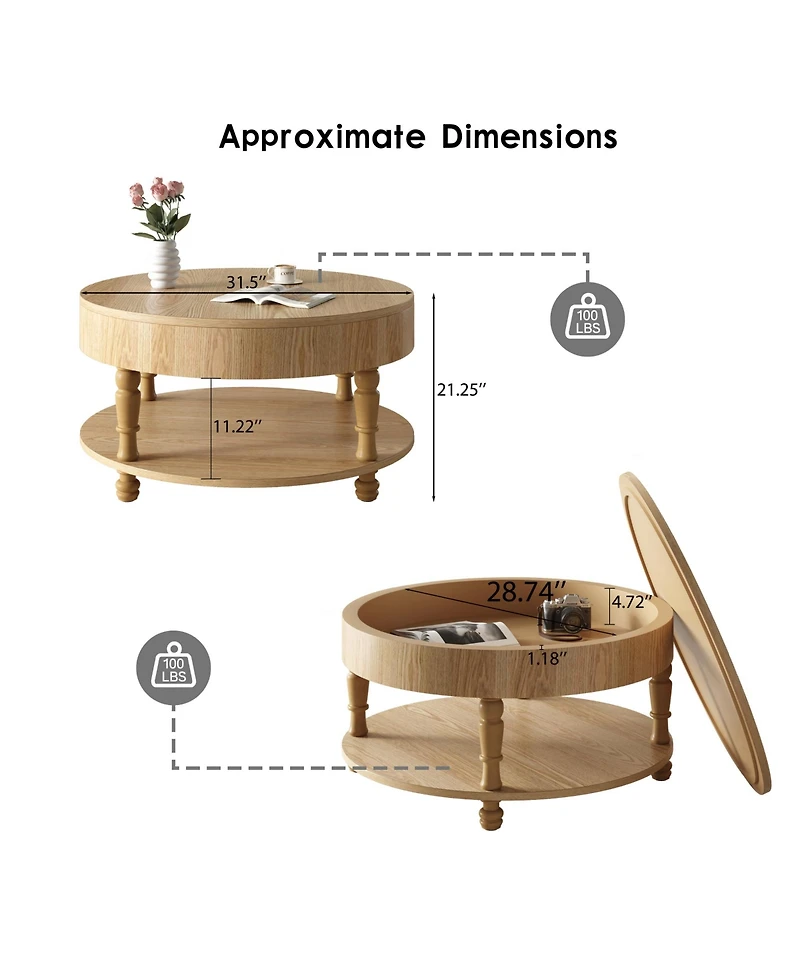 Rainsken Round Solid Wood Coffee Table, Modern Center Table with Hidden Storage, Two-Tier Design for Living Room, Office