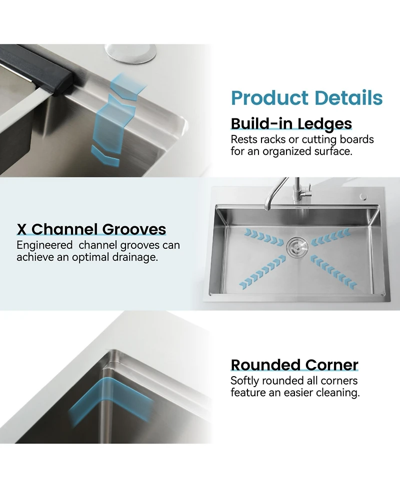 Busdays Stainless Steel Kitchen Sink, Single Bowl, Overmount Handmade Sink in Brushed, with Cutting Board, Colander