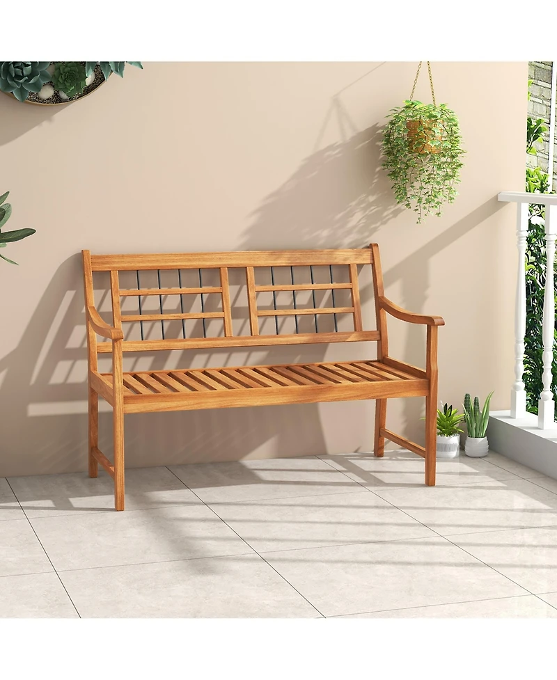 Gymax Outdoor Acacia Wood Bench 2-Person Patio Bench w/ Slatted Seat and Backrest