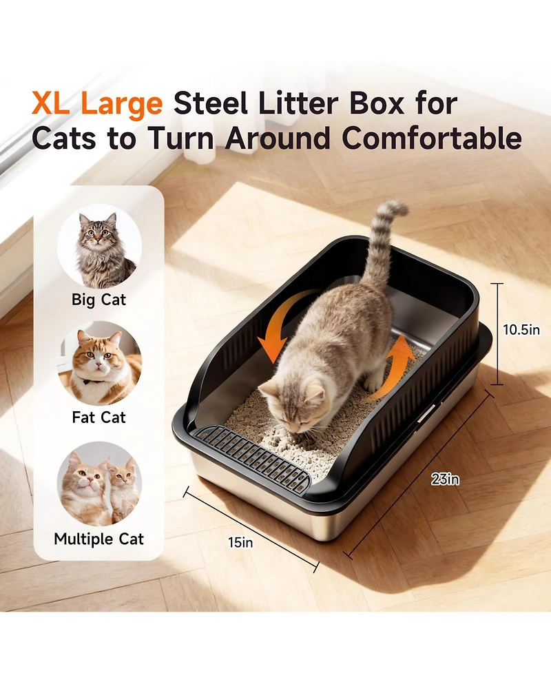 Aronkl Extra Large Stainless Steel Cat Litter Box Odor Free High Sides With Scoop Easy Cleaning Anti Leak Non Stick