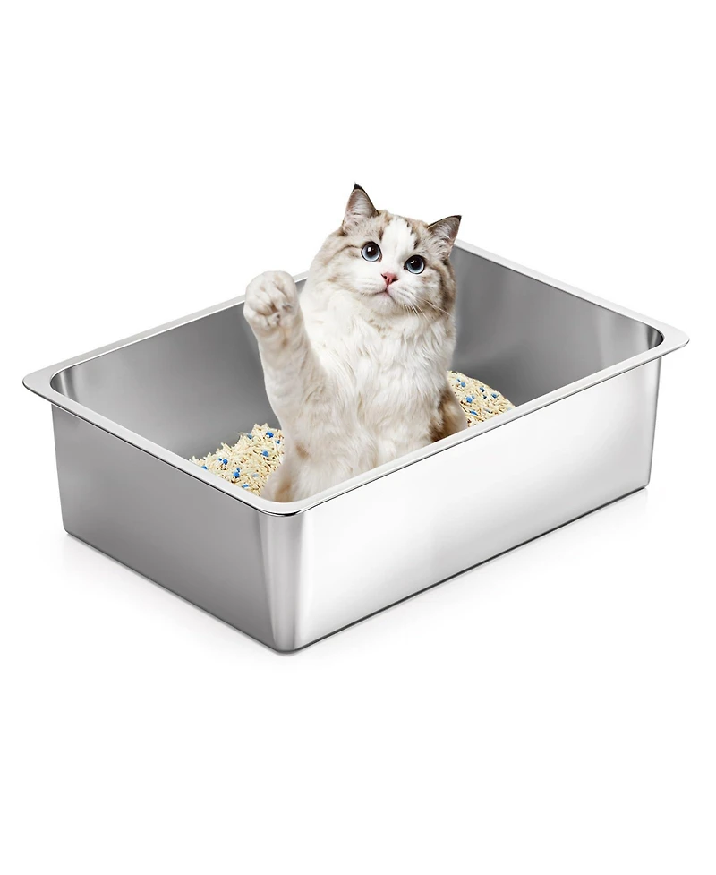 Aronkl Stainless Steel Cat Litter Box High Sided Large Non Stick No Smell Easy Clean Pet Toilet For Kitten Rabbit